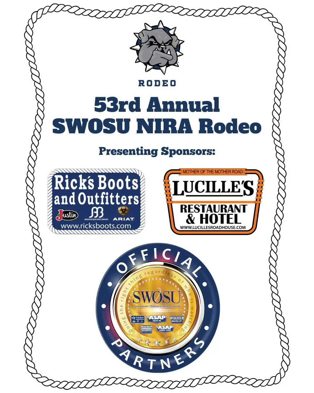 Lucille’s Hotel & Restaurant and Rick’s Boots & Outfitters will serve as the presenting sponsors of the Southwestern Oklahoma State University (SWOSU) 53nd Annual College Rodeo, taking place April 9-11, 2026, on the B.O.P. Ram Rodeo Grounds at Don Mitchell Arena in Weatherford.