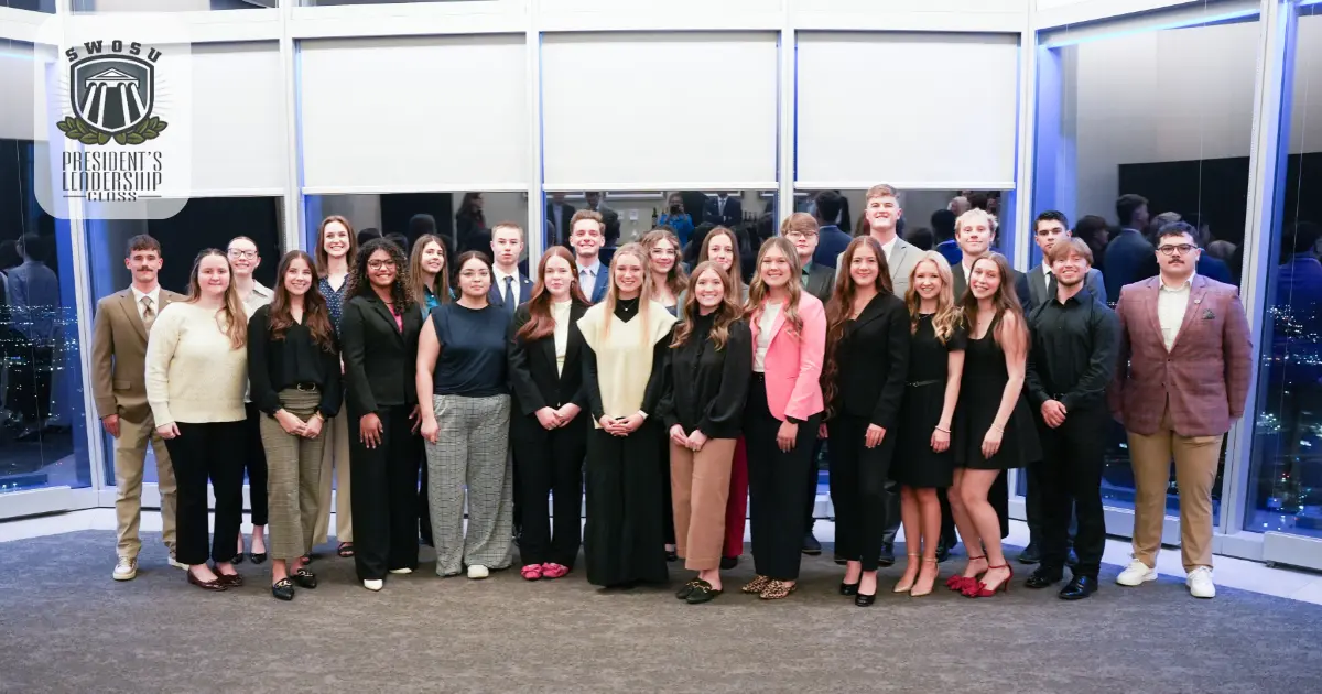 The 2025-2026 SWOSU PLC class poses for a photo at VAST Restaurant in Oklahoma City following a visit to the Oklahoma State Capitol Building.