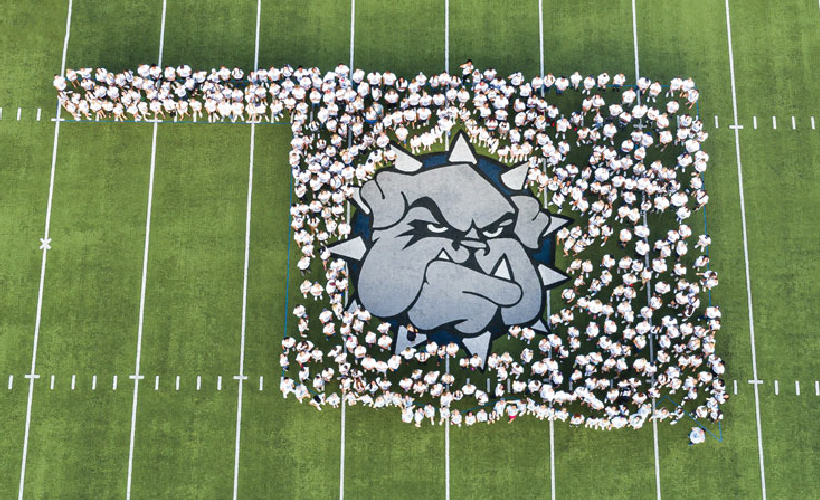 SWOSU Students arranged in the shape of the state of Oklahoma, photo taken from arial viewpoint